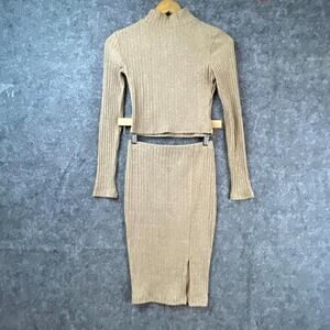 L'atiste By Amy Knit Skirt & Top Set Womens S Beige Cotton Stretch Side Slit